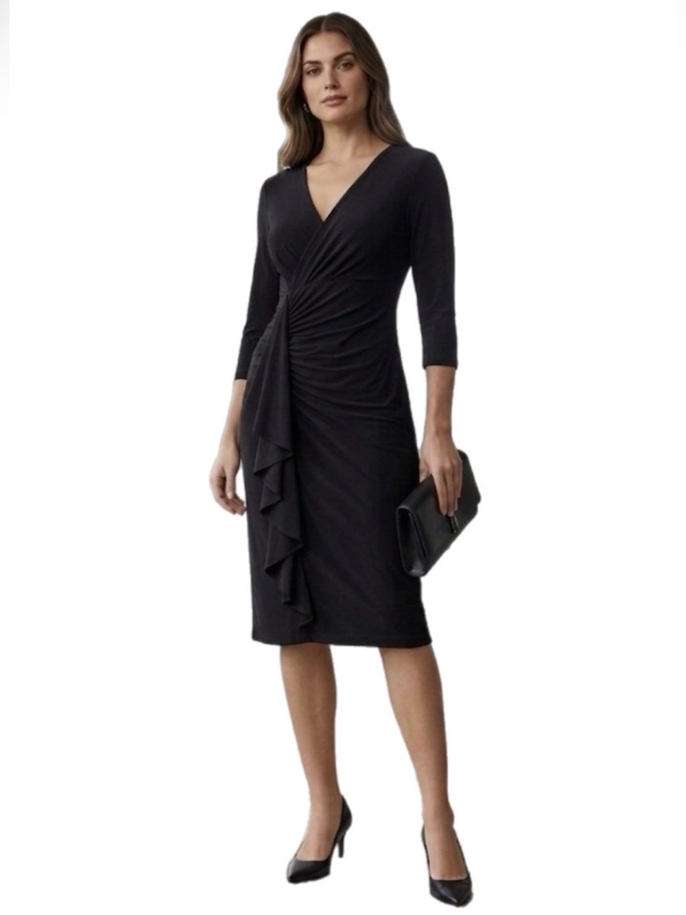 4 DKNY Women’s Black Formal V-Neck Ruffled Wrap Midi 3/4 Sleeves Cocktail Dress